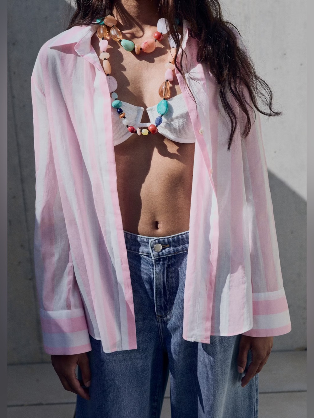 MANGO Sheer Pink & White Striped Button-Up Shirt